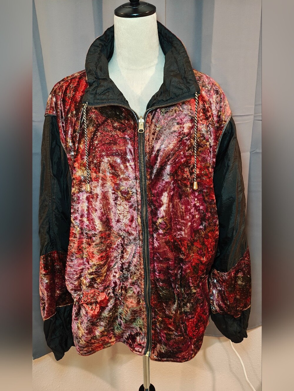 Vtg Plus Size Chili Pepper Reversible 80s Velour Windbreaker Jacket w Multicolor